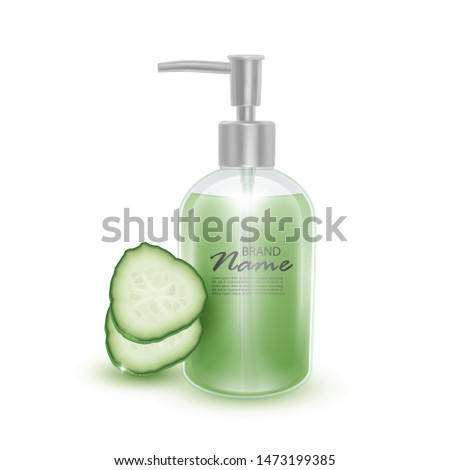 Realistic bottle in 3d with soap pump on a Juicy cucumber background Cosmetic bottle with shampoo, template for cosmetic business, advertising and promotion, vector EPS 10 format