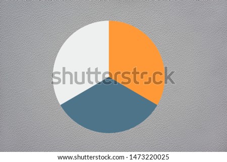 Blank three piece pie chart on a grey isolated textured background.