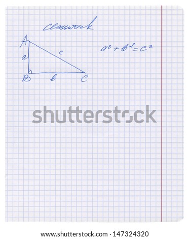 Pythagoras rule explained in the exercise book, Pythagorean theorem sketched on the white squared paper sheet texture or background, isolated, Hand drawn pictures