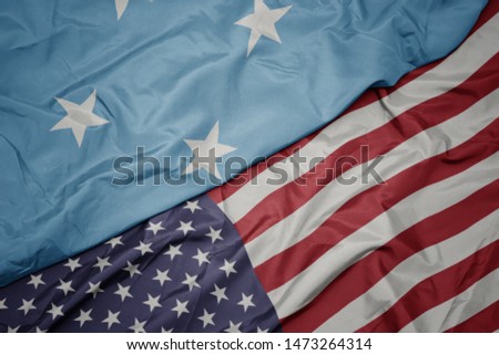 waving colorful flag of united states of america and national flag of Federated States of Micronesia.  