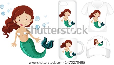 Graphic design on different products with mermaid illustration
