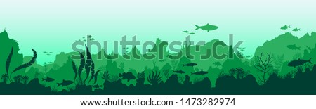 Silhouette of fish and algae on a background of reefs. Underwater Worlds. Green shades. Stock vector illustration. EPS 10. Panoramic wallpaper with the underwater world.
