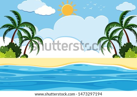 Landscape background design with ocean and sun illustration