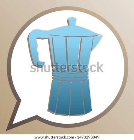 Pot for brewing coffee sign. Bright cerulean icon in white speech balloon at pale taupe background. Illustration.