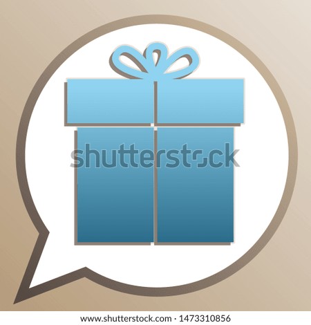 Gift sign. Bright cerulean icon in white speech balloon at pale taupe background. Illustration.