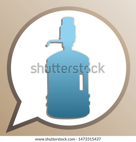 Plastic bottle silhouette with water and siphon. Bright cerulean icon in white speech balloon at pale taupe background. Illustration.