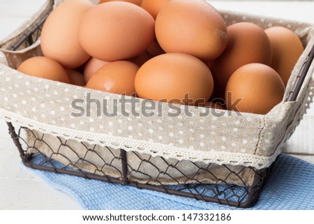 Fresh organic eggs in bucket on wooden white background. Selective focus. Bio/eco/organic/natural products.