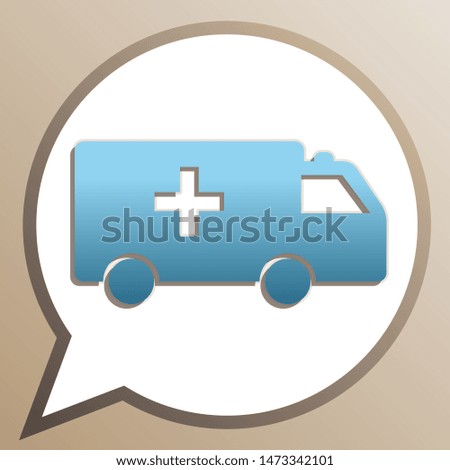 Ambulance sign illustration. Bright cerulean icon in white speech balloon at pale taupe background. Illustration.