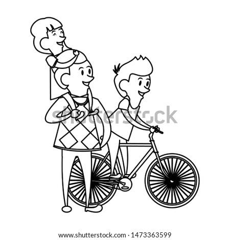 fathers day family celebration, father with children teaching to ride bike cartoon vector illustration graphic design