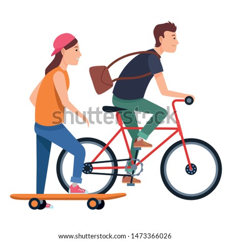 Young couple training with skateboard and bike extreme sports ,vector illustration graphic design.