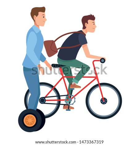 Young male friends riding with bicycle and electric scooter ,vector illustration graphic design.