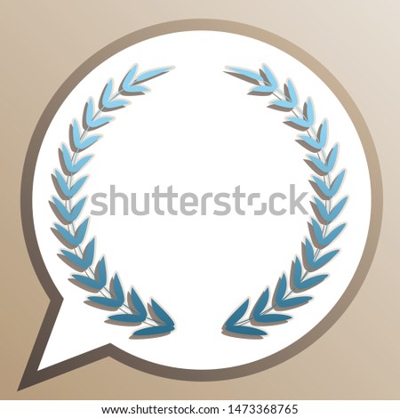 Laurel Wreath sign. Bright cerulean icon in white speech balloon at pale taupe background. Illustration.