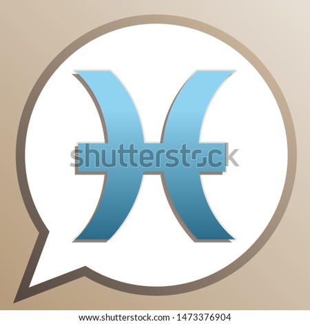 Pisces sign illustration. Bright cerulean icon in white speech balloon at pale taupe background. Illustration.