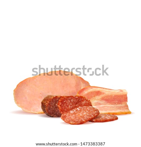Sausage and  bacon low poly. Fresh, nutritious, tasty sausage and  bacon. Vector illustration. Sausage and bacon in triangulation technique.