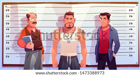 Police lineup, identity parade with various age, different constitution male suspects, standing in police station under two-way mirror cartoon vector illustration. Criminals identification concept Royalty-Free Stock Photo #1473388973