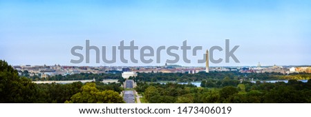 Panorama view of Washington DC skyline on a clear sky day seen from Arlington cemetery, Washington DC, USA.