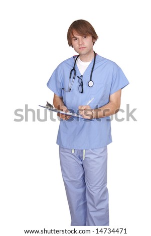 one man medical doctor guy in blue scrubs over white