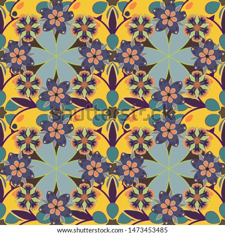 Beautiful watercolor flowers, bright painting inspired flower print. Vector seamless pattern in yellow, gray and violet colors.