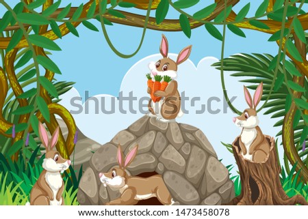 Rabbits in jungle scene illustration