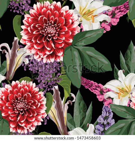 Nature seamless pattern. Hand drawn summer background: red dahlia, lilac, lilies and lupines flowers. Black background.