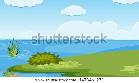 Landscape background design of lake and green grass illustration