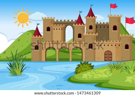 An outdoor scene with castle illustration