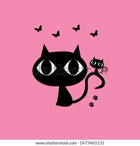 Black cats on pink background with butterfly and footprint illustration / vector design for t shirt, graphics, prints, posters, stickers and other uses