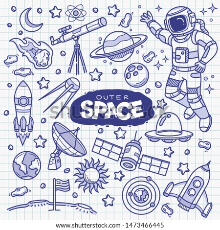 Outer space related objects and elements collection. Hand drawn vector doodle illustration in blue ballpoint sketch style.