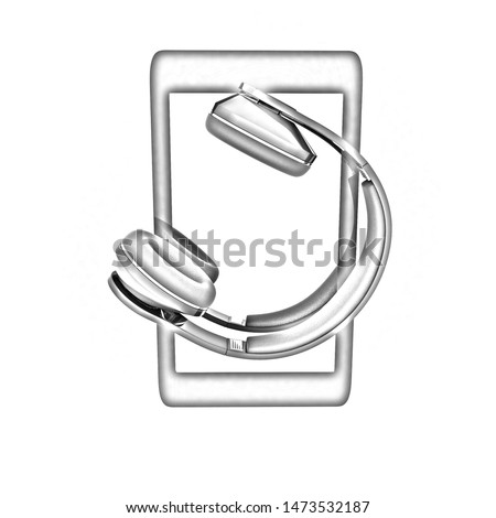 a creative cellphone with headphones isolated on white, portable audio concept. Pencil drawing. 3D illustration
