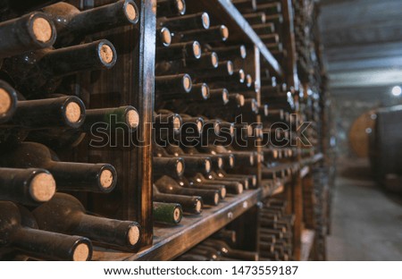 dusty wine bottles on a wooden shelf in a wine cellar