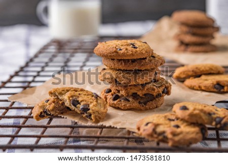 Chocolate chip cookies on rustic background, Homemade Chocolate Chip Cookie Dough.