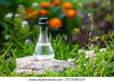 Clear water in a flask on the lawn in flowers. Water sample for environmental experiment. Summer season.  