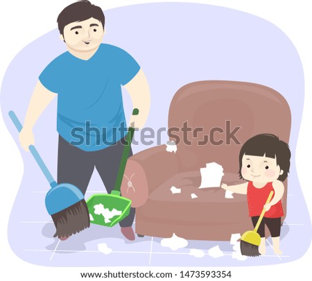Illustration of a Kid Girl Sweeping Papers from the Floor with Her Father