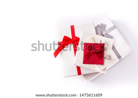 Variety gift boxes isolated on white background. Top view. Copyspace