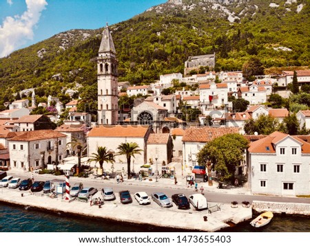 Aerial view of Perast, Montenegro otherwise known as the Jewel of Montenegro 