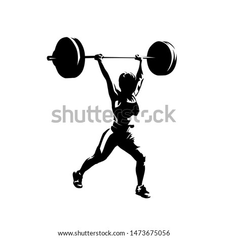 Weightlifting, woman lifting big barbell, isolated vector silhouette, ink drawing Royalty-Free Stock Photo #1473675056