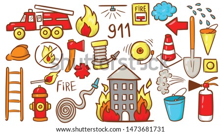 Decorate your texts and photos with hand drawn Vector elements. Firefighting hand drawn doodle vector illustration. Firefighter Freehand Doodle. Extinguisher and Equipment Hand Drawn Elements Set