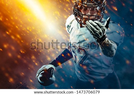 American Football player celebrates after scoring a touchdown. Game winner. Sports betting. Bets in the mobile application.
