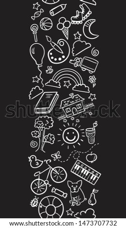 Doodle set of objects from a child’s life, sketch outline elements for you design. Vector illustration. Sweets, toys, bicycle, rollers, rainbow, sun and other symbols on black background