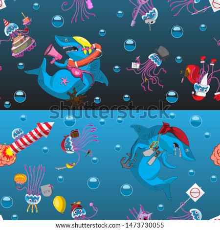 Seamless background character Medusa emotion bubbles shark on a black blue background. Kids printing textile banner background. Vector image. eps 10