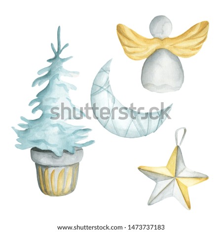 Watercolor New Years collection of christmas tree and toys. Hand painted symbol of New year.  
