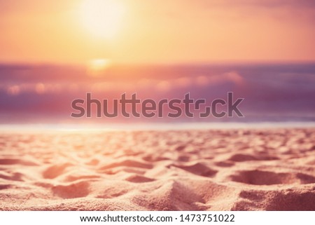 Copy space of soft sand sea and blur tropical beach with sunset sky and cloud abstract background. Summer vacation adventure and holiday travel freedom concept. Vintage tone filter effect color style.