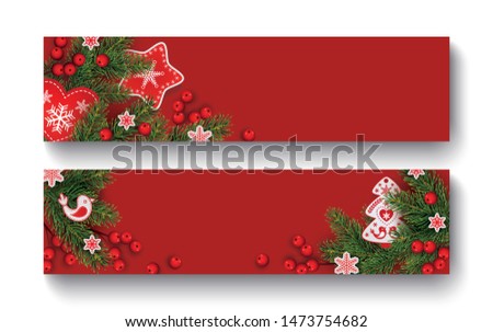 Christmas Scandinavian design. Horizontal holiday banners with xmas tree branches, holly berries, heart, bird, snowflakes on red background. Vector illustration EPS 10