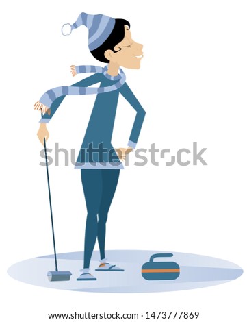 Smiling young woman plays curling isolated illustration. Young woman with a curling brush and a stone isolated on white illustration
