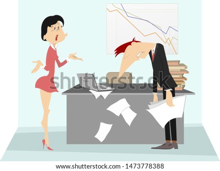 Angry boss woman and employee man illustration. Angry chief woman scolds sad employee man
