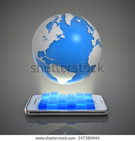 three dimensional mobile phone and world globe isolated on white