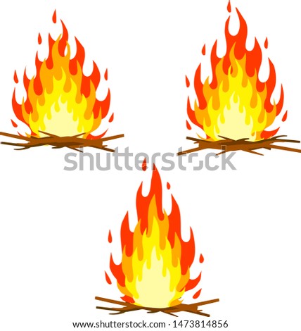 Campfire set of branches, sticks and wood. Red orange fire. Fire danger. Cartoon flat illustration. Hot flame for cooking in camping trip