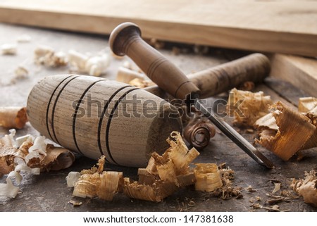 joiner tools on wood table background Royalty-Free Stock Photo #147381638