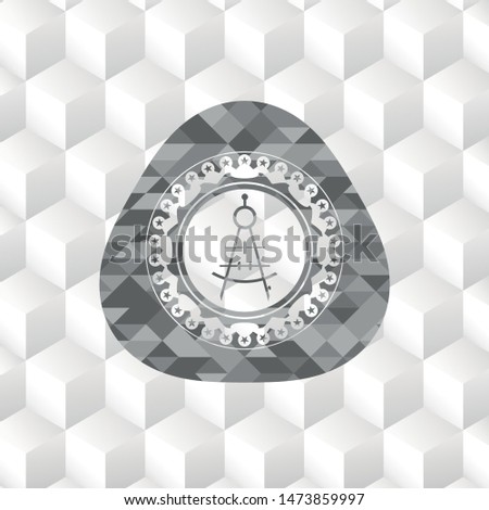 drawing compass icon inside grey badge with geometric cube white background