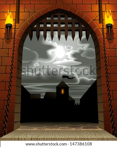 Vector image of the medieval castle gate with a drawbridge and torches against the night sky with the moon and clouds Royalty-Free Stock Photo #147386108